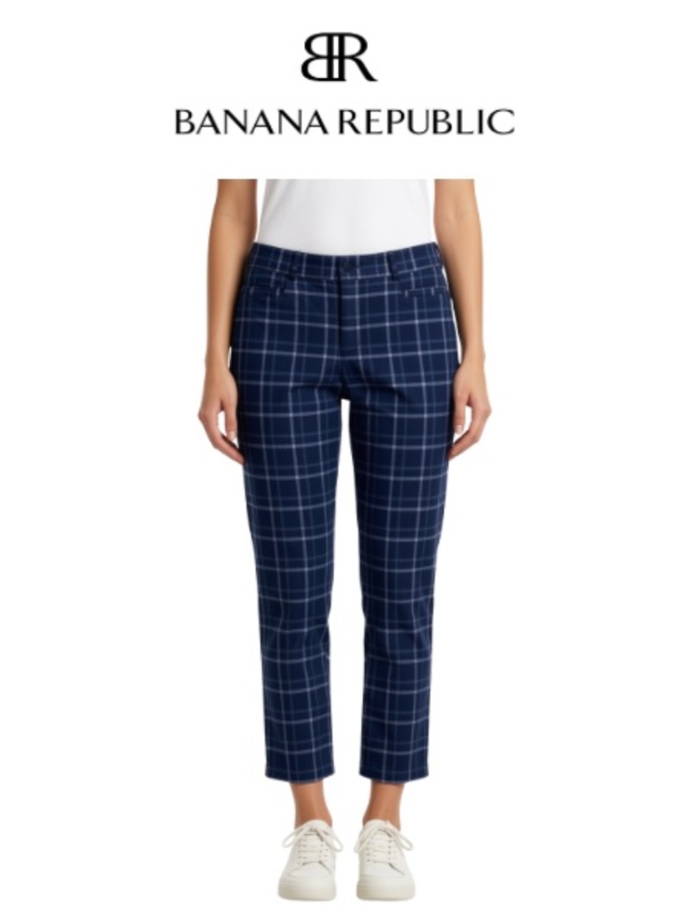 Banana Republic Navy and White Windowpane Plaid Trousers